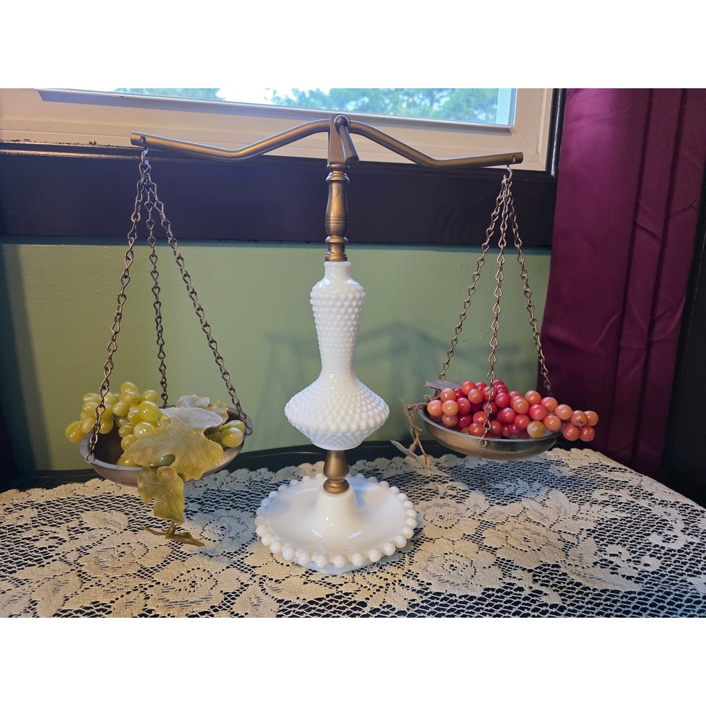 Vintage Hobnail Milk Glass Decorative Balance Scale Justice Brass Tone White